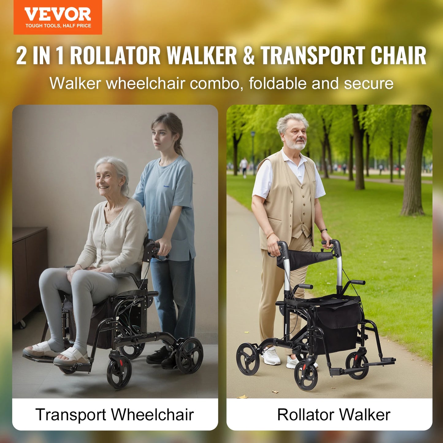 2 in 1 Rollator Walker & Transport Chair - Mobility Walker